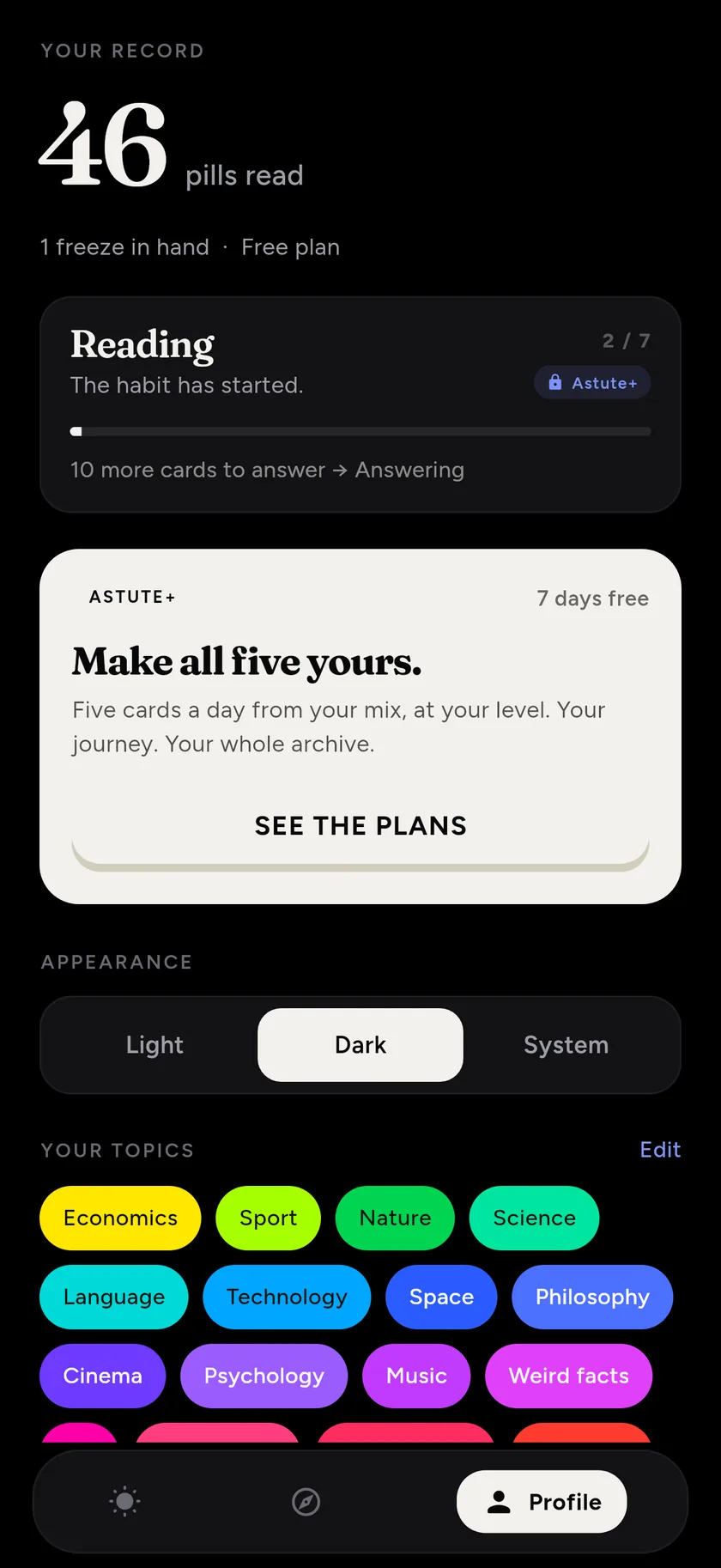 Your record: 46 pills read, the reading level, Astute+ and your topics