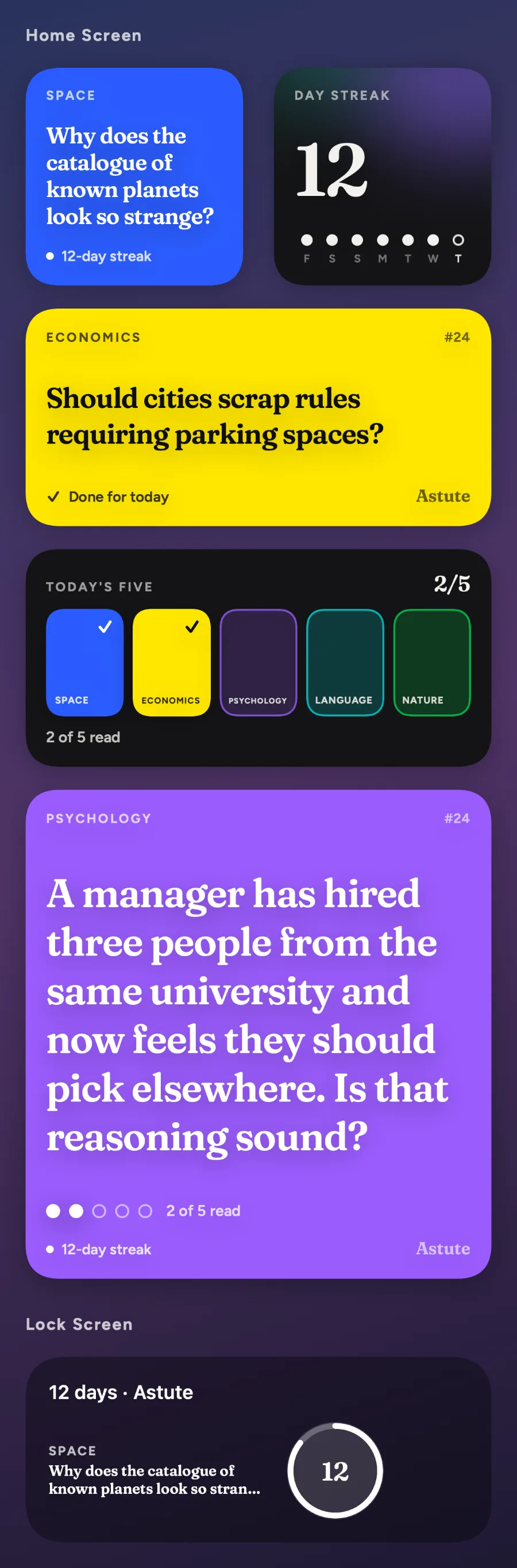Astute home screen widgets: today's Space card with a 12-day streak, a day-streak counter reading 12, an Economics card marked done for today, and Today's five showing 2 of 5 read